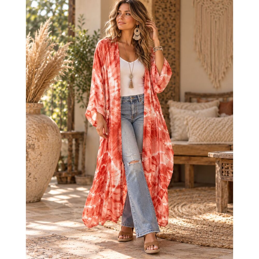 YFB Sunlit Orange Tie-Dye Long Kimono Boho Resort Duster O/S